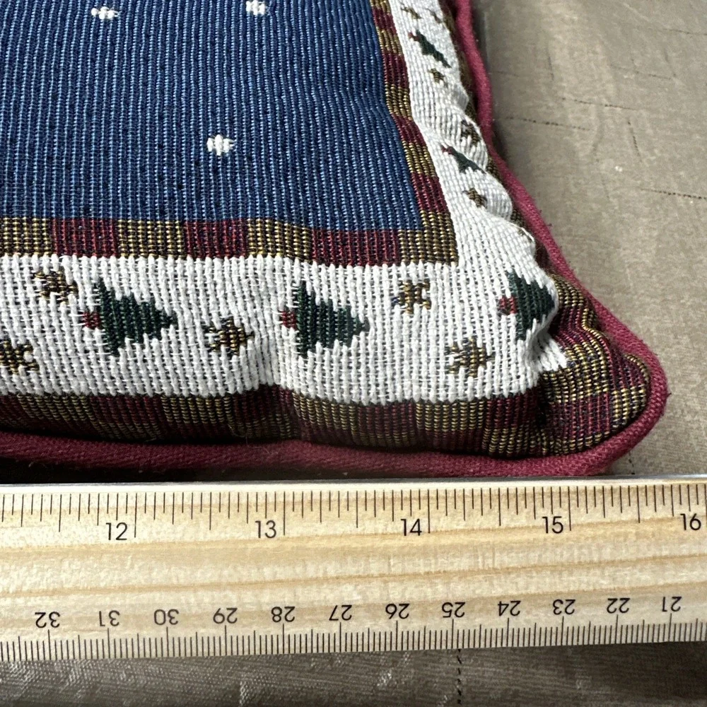 KenTex Tapestry Christmas Pillow Snowmen Birdhouse Made In USA Burgundy Blue
